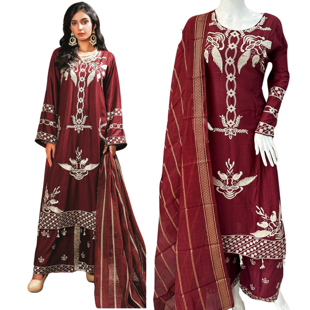 Cambric Maroon 3PC Shalwar Kameez Ready to wear SS3664
