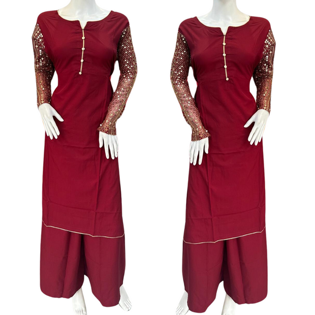 Maroon Eid 2PC Linen Silk Shalwar Kameez Plazzo Ready to wear SS3670