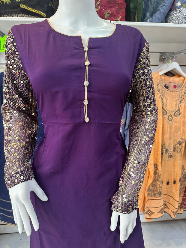 Purple  Eid 2PC Linen Silk Shalwar Kameez Plazzo Ready to wear SS3671