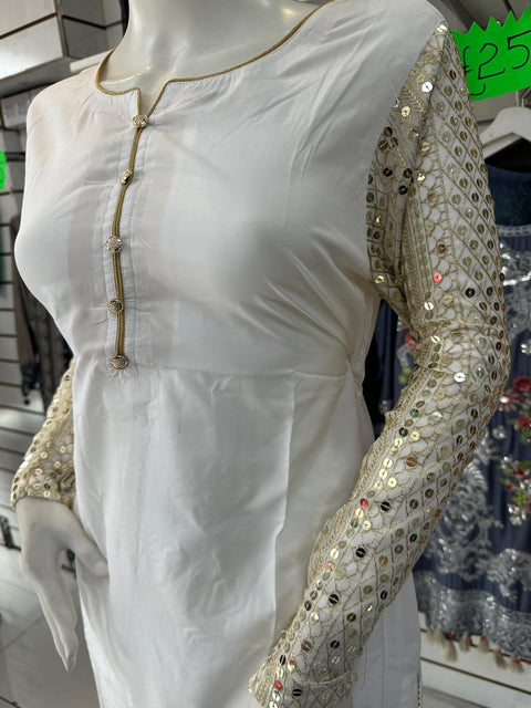 White Eid 2PC Linen Silk Shalwar Kameez Plazzo Ready to wear SS3669