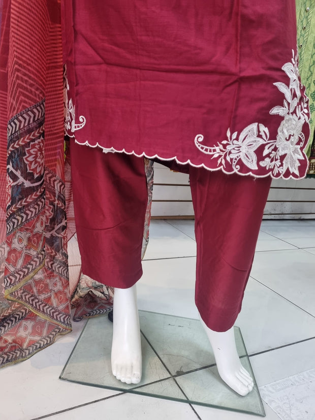 Maroon 3PC Linen Shalwar Kameez Dress SS3891