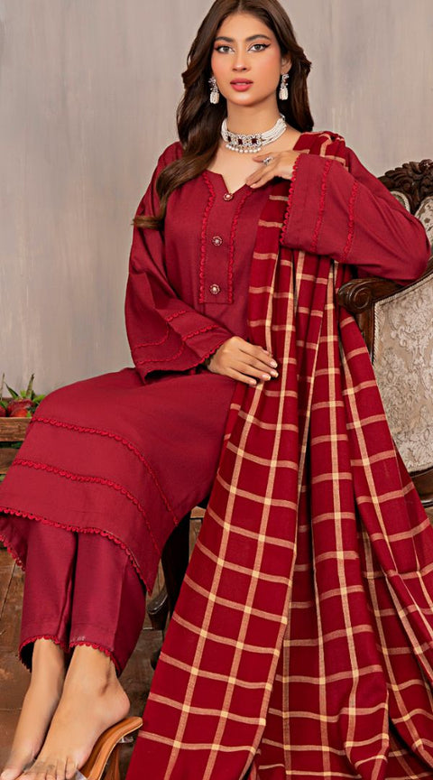 Red Wool Mix Winter Shawl 3PC Shalwar Kameez Dress SS3821