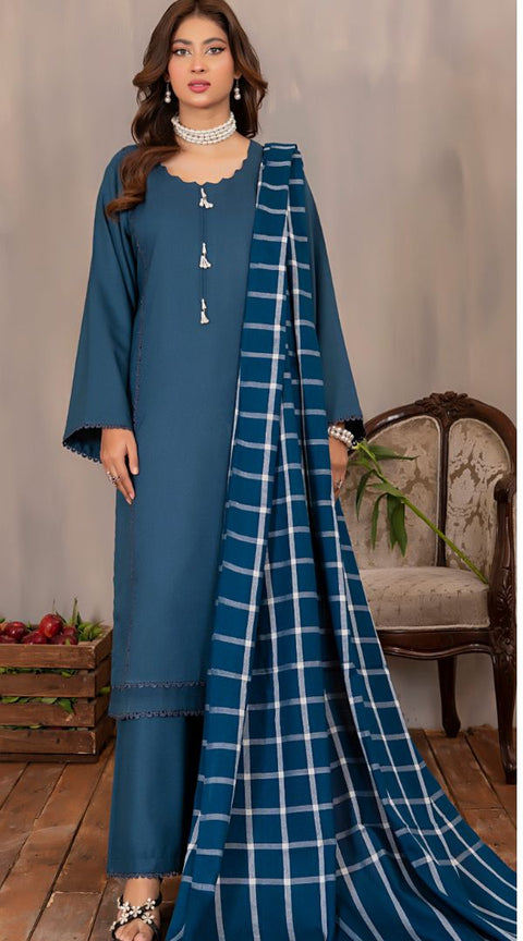 Blue Wool Mix Winter Shawl 3PC Shalwar Kameez Dress SS3823