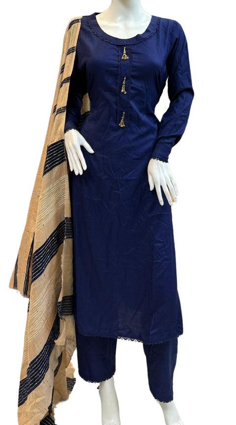 Navy Wool Mix Winter Shawl 3PC Shalwar Kameez Dress SS3814