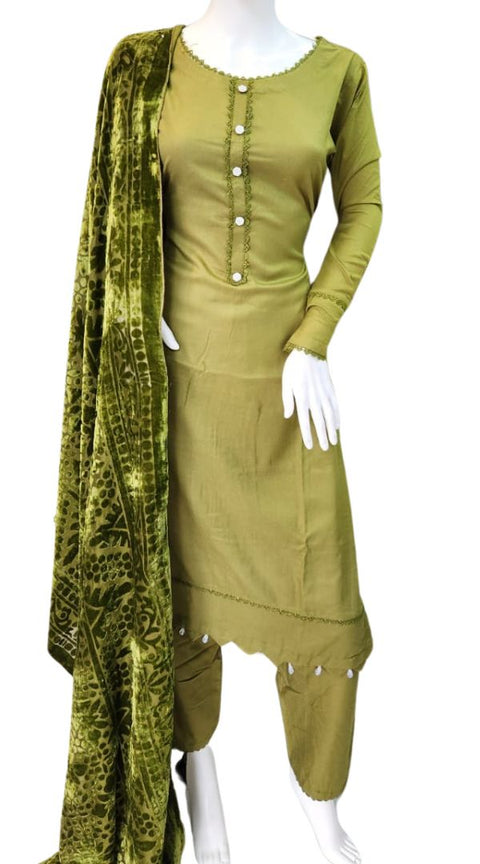 Olive Wool Mix Palachi Shawl 3PC Shalwar Kameez Dress SS3828