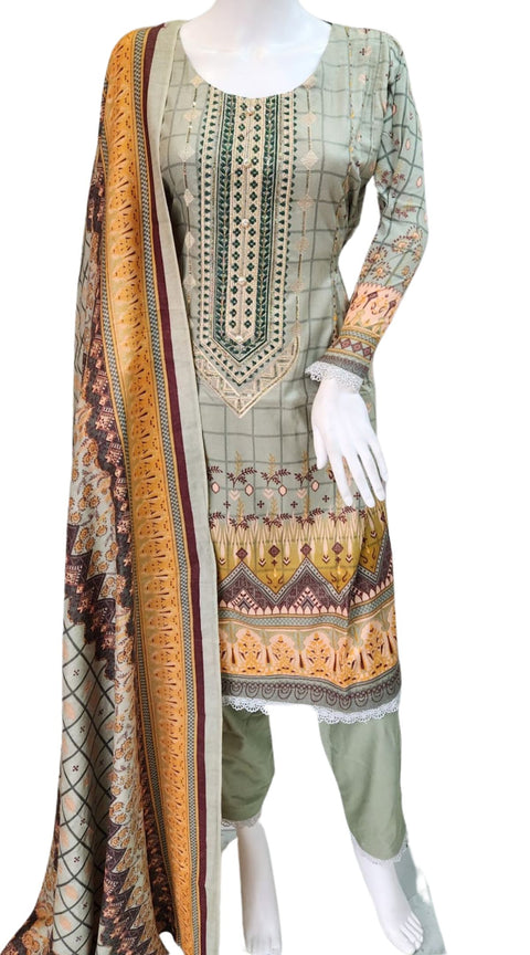 SS3843 Green Peplum  Winter Dhanak Shawl 3PC Shalwar Kameez Dress