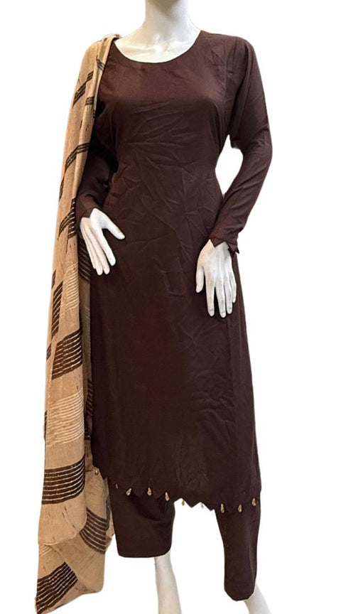 Brown Wool Mix Winter Shawl 3PC Shalwar Kameez Dress SS3815