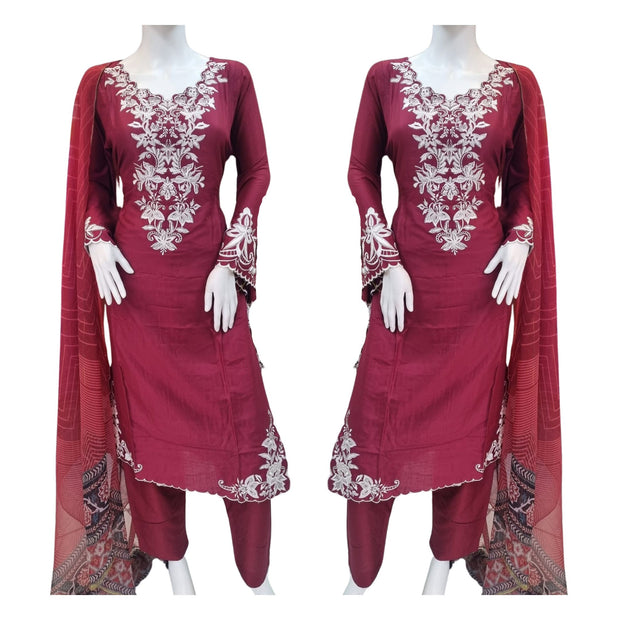 Maroon 3PC Linen Shalwar Kameez Dress SS3891